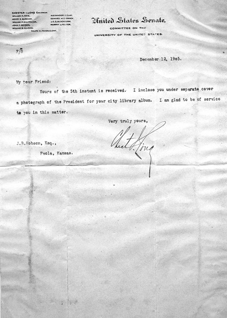 002 - J. B. Hobson Letter from U.S. Senate and Chester Long Referring to a Photo of President Teddy 